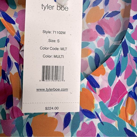 Tyler Boe 100% Silk Floral Midi Dress V-Neck Short Ruffled Sleeves A-Line Small - Picture 12 of 16